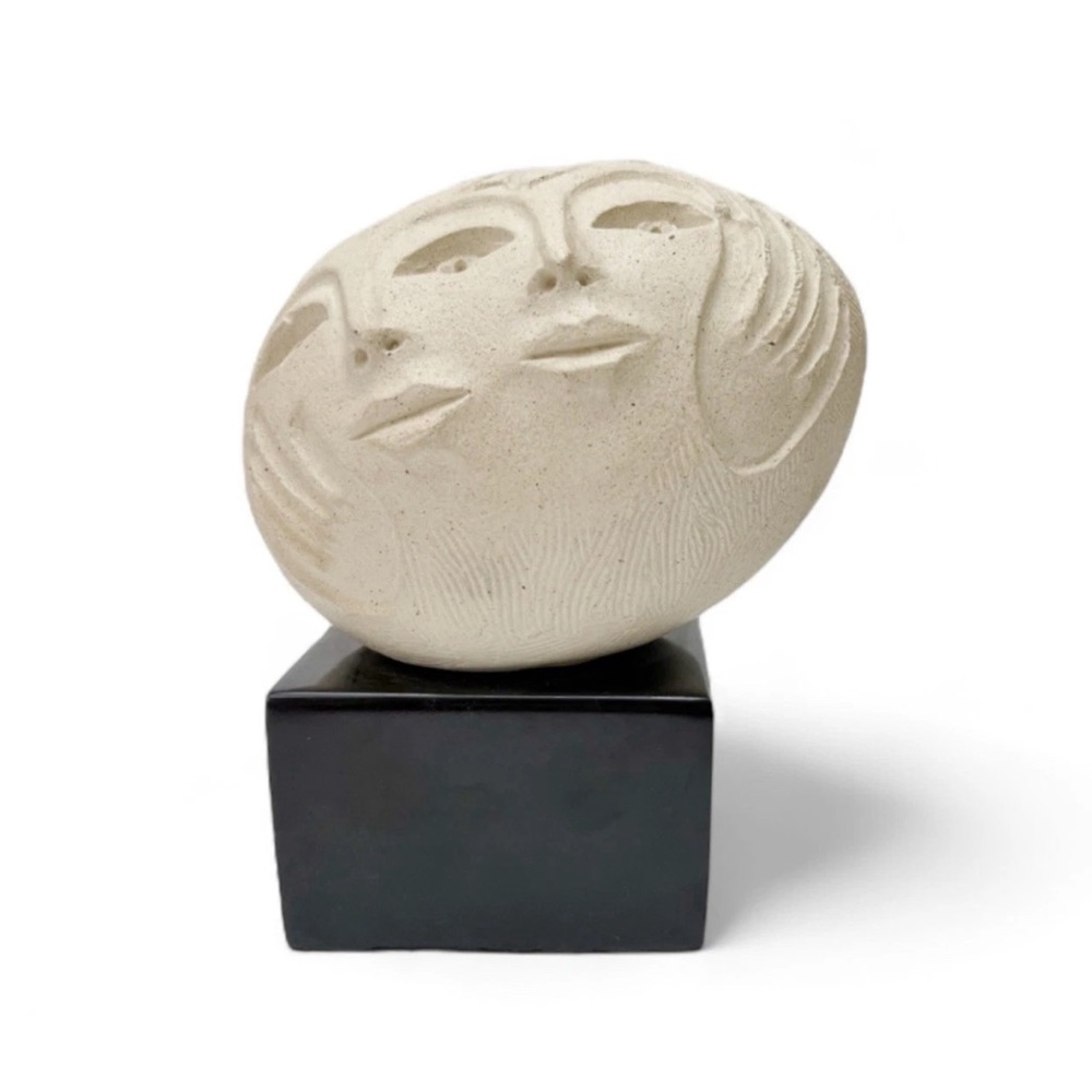 Vintage Figural Woman Female Faces Flowers Clay Ovoid Egg Sculpture Art Object